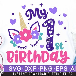 Unicornio un cumpleaños Svg, primer cumpleaños Svg, unicornio 1er cumpleaños Svg, cumpleaños niña Svg, cuerno arco iris, unicornio bebé niña