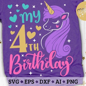 My 4th Birthday Svg, Fourth Bday Svg, Unicorn Birthday Svg, Birthday Girl Svg, Unicorn Birthday Shirt Svg, Cut Files Svg, Dxf, Eps, Png image 3