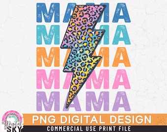 May include: A digital design featuring the word "MAMA" repeated five times in a rainbow of colors with a distressed, vintage look. A colorful leopard print lightning bolt is centered in the design.