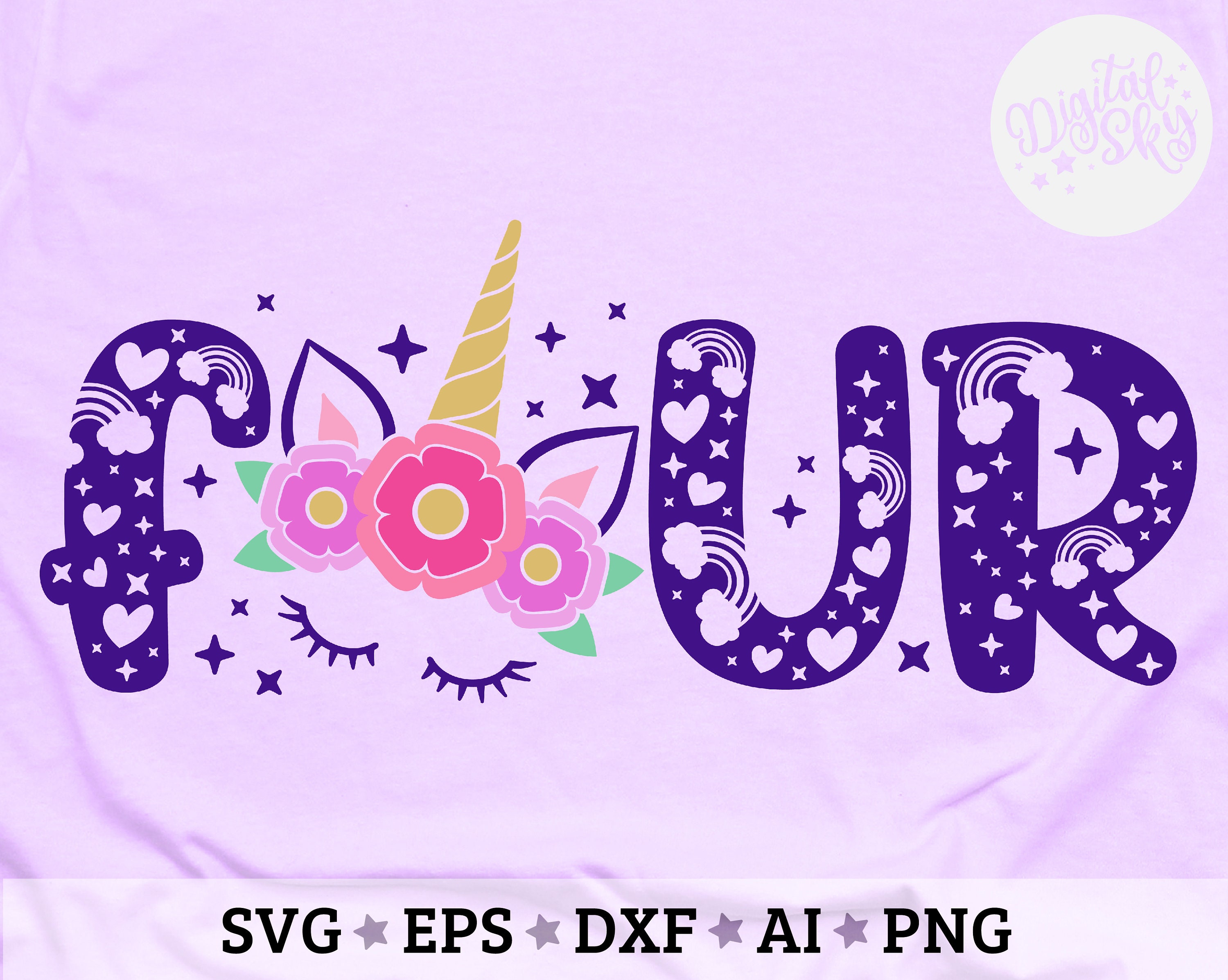 Unicorn Four Birthday Svg, Fourth Birthday Svg, Unicorn 4th Birthday Svg, Birthday Girl Svg, Rainbow Horn, Unicorn Birthday Shirt Svg