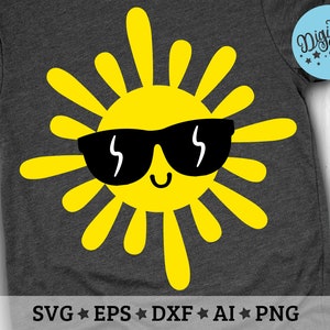 Sol con gafas de sol SVG, clipart de sol SVG, bebé de verano SVG, sol kawaii SVG, sol lindo SVG, clip art de verano SVG, dxf, png, eps, archivos de corte