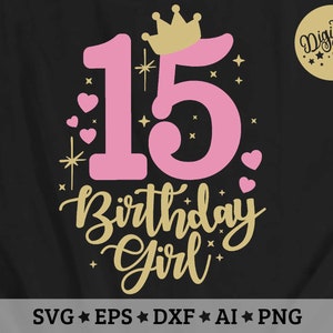 K&ouml;nnte beinhalten: Rosa-goldene Grafik mit der Zahl 15, einer Krone und dem Text "Birthday Girl".