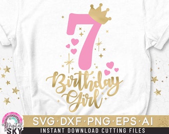 SVG-Datei zum siebten Geburtstag, SVG-Datei zum 7. Geburtstag, SVG-Datei mit der Zahl Sieben, SVG-Datei für das Geburtstagskind, SVG-Datei mit Prinzessinnenmotiv, SVG-Datei mit Kronenzahl