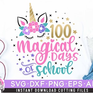May include: A white t-shirt with a pink unicorn design and the text "100 magical days of school".