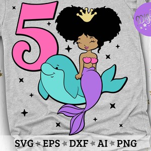 My 5th Birthday Svg, Fifth Bday Svg, Mermaid Girl Svg, Birthday Girl Svg, Afro Puff Hair Princess Svg, Dxf, Eps, Png