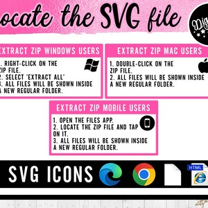 K&ouml;nnte beinhalten: Eine rosa und wei&szlig;e Grafik mit Anweisungen zum Extrahieren von SVG-Dateien aus einer ZIP-Datei auf Windows, Mac und Mobilger&auml;ten. Die Grafik enth&auml;lt auch Symbole f&uuml;r Windows, Mac und Mobilger&auml;te. Die Grafik enth&auml;lt auch Symbole f&uuml;r SVG-Dateien, Chrome und HTML.