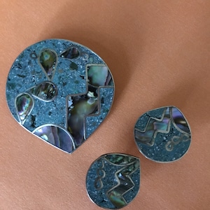 Mexican Sterling Silver and Abalone Inlay Brooch and Earrings
