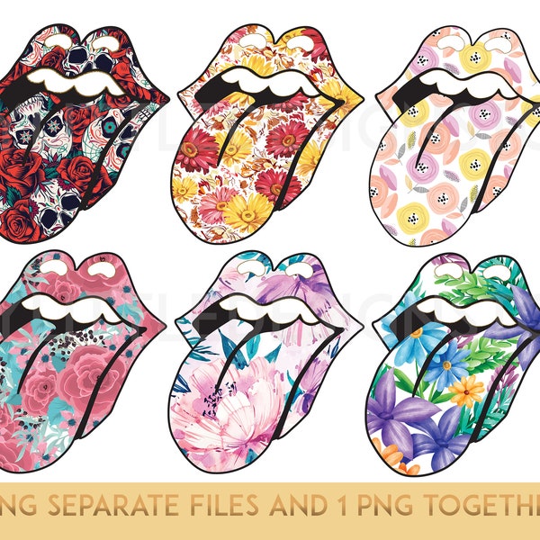 Six Separate PNGs and One PNG Together Flowers pattern tongue lips sublimations download,Design PNG, Digital Download