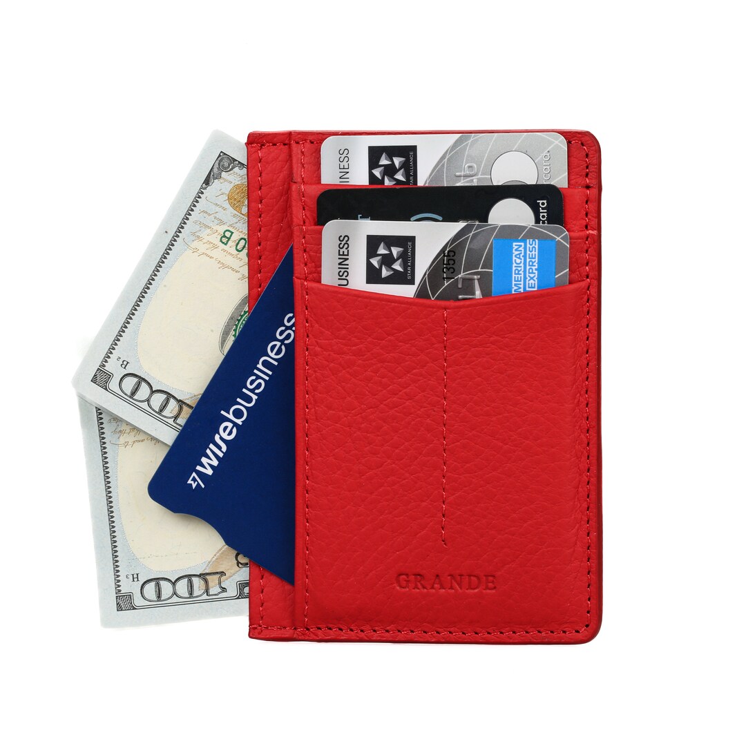 Red Leather Slim Vertical Card Holder, Woman Leather Card Case, Men