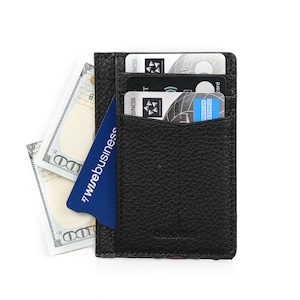 Tarjetero vertical delgado de cuero negro, Tarjetero de cuero mujer, Cartera de cuero hombre, Estuche de tarjeta de cuero unisex, Tarjetero minimalista