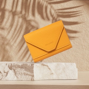 Tarjetero magnético de cuero amarillo en forma de acordeón, tarjetero de cuero para mujer, billetera para hombre, tarjetero de cuero unisex, tarjetero minimalista pequeño