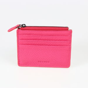 Tarjetero fino de piel rosa con cremallera, tarjetero de piel para mujer, cartera de piel para hombre, tarjetero de piel unisex, tarjetero fino minimalista.