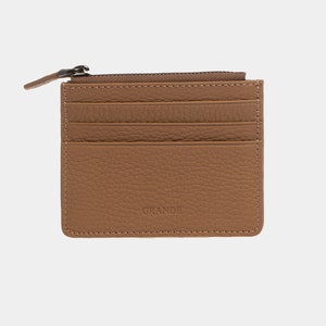 Tarjetero de cuero camel delgado con cremallera, tarjetero de cuero para mujer, billetera de cuero para hombre, tarjetero de cuero unisex, tarjetero minimalista