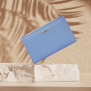 Cartera bifold mediana de cuero azul helado para mujer, cartera minimalista de cuero genuino con cremallera mini monedero pequeño titular de tarjeta, regalo de Navidad