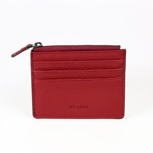 Tarjetero delgado de cuero burdeos con cremallera, tarjetero de cuero para mujer, billetera de cuero para hombre, estuche de cuero unisex, tarjetero minimalista delgado