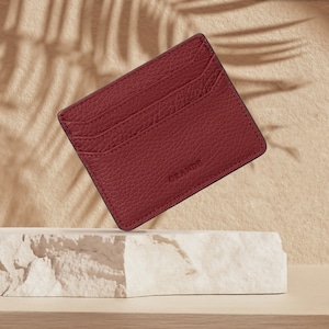 Tarjetero delgado de cuero burdeos, tarjetero de cuero mujer, billetera de cuero para hombre, estuche de tarjeta de cuero unisex, tarjetero minimalista delgado