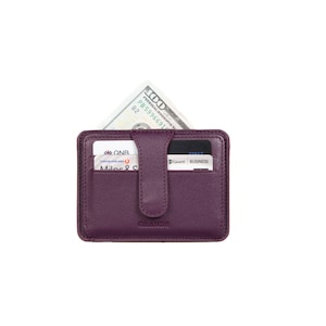 Portatarjetas Slim Snap de cuero púrpura sólido, Estuche de tarjeta de cuero de mujer, Cartera de cuero de hombre, Estuche de tarjeta de cuero unisex, Portatarjetas minimalista