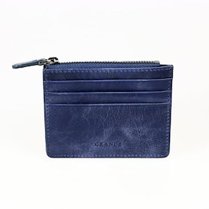 Tarjetero de cuero azul rústico con cremallera delgada, tarjetero de cuero para mujer, billetera de cuero para hombre, tarjetero de cuero unisex, soporte minimalista delgado