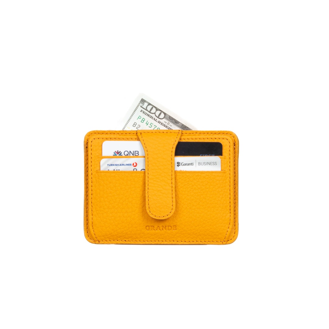 Yellow Leather Slim Snap Card Holder, Woman Leather Card Case, Men Leather Wallet, Unisex