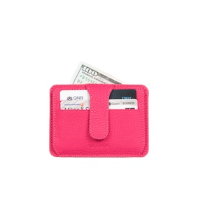 Portatarjetas Slim Snap de cuero rosa, tarjetero de cuero para mujer, billetera de cuero para hombre, tarjetero de cuero unisex, tarjetero minimalista delgado