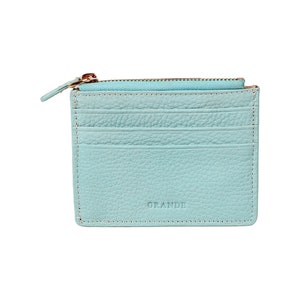 Tarjetero delgado de cuero menta con cremallera, tarjetero de cuero para mujer, billetera de cuero para hombre, tarjetero de cuero unisex, tarjetero minimalista