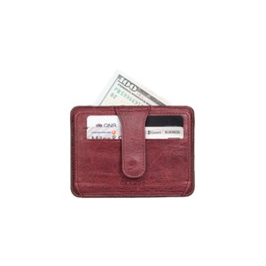 Rústico Borgoña Cuero Slim Snap Tarjetero, Mujer Cuero Tarjetero, Hombres Cartera Cuero, Unisex Cuero Tarjetero Minimalista Tarjetero