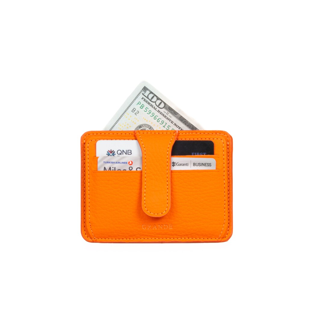 Orange Leather Slim Snap Card Holder, Woman Leather Card Case, Men Leather Wallet, Unisex