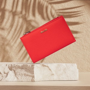 Cartera plegable mediana de cuero rojo para mujer, cartera minimalista de cuero para mujer, mini monedero con cremallera, tarjetero pequeño, regalo de Navidad