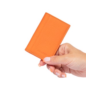 Tarjetero de bolsillo vertical delgado de cuero naranja, monedero de cuero de mujer, billetera de cuero de hombre, tarjetero de cuero unisex, tarjetero minimalista