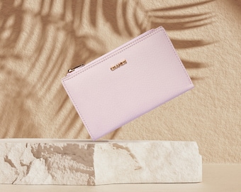Pale Pink Leather Bifold Wallet: Ladies Mini Zippered Purse