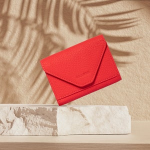 Tarjetero magnético de cuero rojo con forma de acordeón, tarjetero de cuero para mujer, billetera para hombre, tarjetero de cuero unisex, tarjetero minimalista pequeño