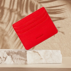 Tarjetero delgado de cuero rojo, tarjetero de cuero para mujer, billetera de cuero para hombre, tarjetero de cuero unisex, tarjetero delgado minimalista