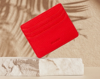Red Leather Slim Card Holder, Woman Leather Card Case, Men Leather Wallet, Unisex Leather Card Case , Slim Minimalist Card Holder