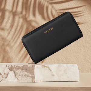 Cartera con cremallera continental de cuero negro, tarjetero de cuero para mujer, tarjetero de cuero unisex, billetera grande con cremallera, mini monedero