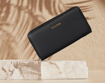 Black Leather Continental Zip Around Wallet, Woman Leather Card Case, Unisex Leather Card Case , Large Zippered  Wallet, Mini Purse