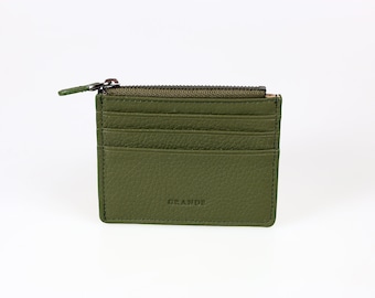 Green Leather Card Holder Wallet: Slim Zippered Unisex Case
