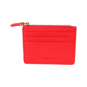 Tarjetero fino de piel roja con cremallera, tarjetero de piel para mujer, billetera de piel para hombre, tarjetero de piel unisex, tarjetero fino minimalista