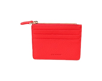Red Leather Slim Card Holder: Zippered Coin Pouch