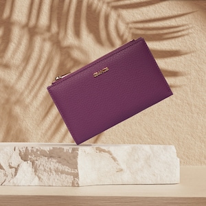 Cartera plegable mediana de cuero púrpura para mujer, cartera minimalista de cuero genuino para mujer, monedero con cremallera, tarjetero pequeño, regalo de Navidad