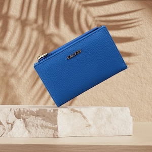 Cartera plegable mediana de cuero azul para mujer, cartera minimalista de cuero genuino para mujer, mini monedero con cremallera, tarjetero pequeño, regalo de Navidad