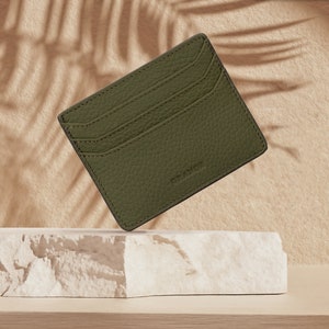 Tarjetero delgado de cuero verde, tarjetero de cuero mujer, billetera de cuero para hombre, estuche de tarjeta de cuero unisex, tarjetero minimalista delgado