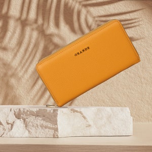 Cartera con cremallera continental de cuero amarillo, tarjetero de cuero para mujer, tarjetero de cuero unisex, billetera grande con cremallera, mini monedero