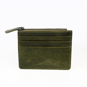 Tarjetero delgado de cuero verde rústico con cremallera, tarjetero de cuero para mujer, billetera de cuero para hombre, estuche de cuero unisex, tarjetero minimalista