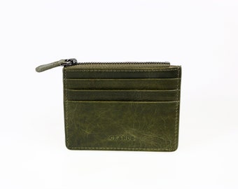 Rustic Green Leather Slim Zippered Card Holder, Woman Leather Card Case, Men Leather Wallet, Unisex Leather Case, Minimalist Card Holder
