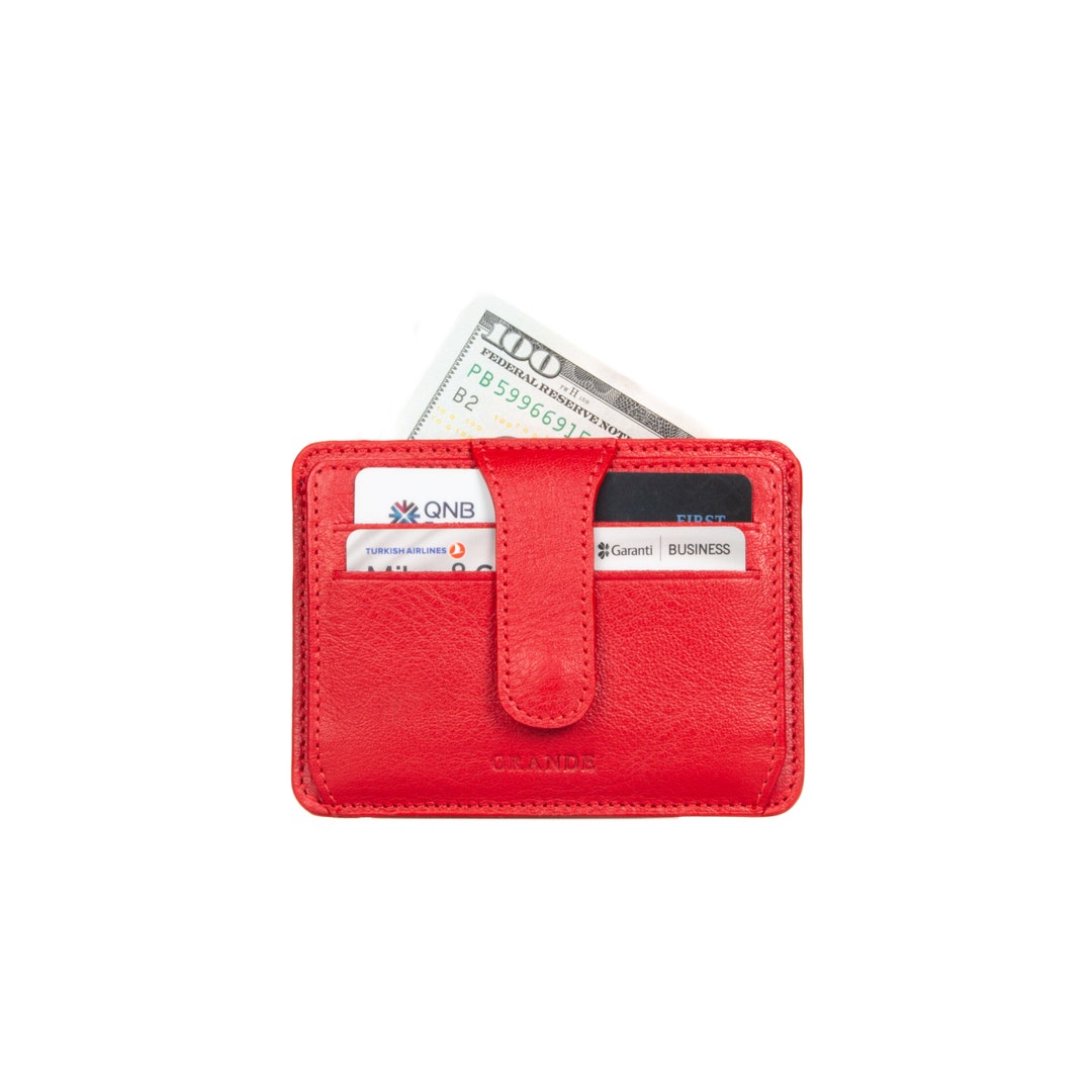 Solid Red Leather Slim Snap Card Holder, Woman Leather Card Case, Men Leather Wallet, Unisex
