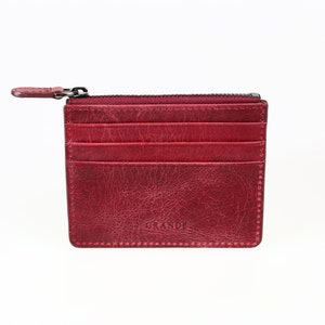 Tarjetero de cuero burdeos rústico delgado con cremallera, tarjetero de cuero para mujer, billetera de cuero para hombre, estuche de cuero unisex, tarjetero minimalista