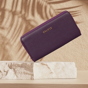 Cartera con cremallera continental de cuero morado, tarjetero de cuero para mujer, tarjetero de cuero unisex, billetera grande con cremallera, mini monedero