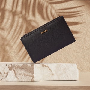 Cartera plegable mediana de cuero negro para mujer, cartera minimalista de cuero genuino para mujer, mini monedero con cremallera, tarjetero pequeño, regalo de Navidad