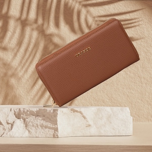 Cartera Continental Cremallera Marrón Piel, Tarjetero Mujer Piel, Tarjetero Piel Unisex, Cartera Cremallera Grande, Mini Monedero