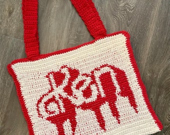 Crochet red and cream dripping  Ken tapestry tote bag 100% cotton 14 inches x 14 inches